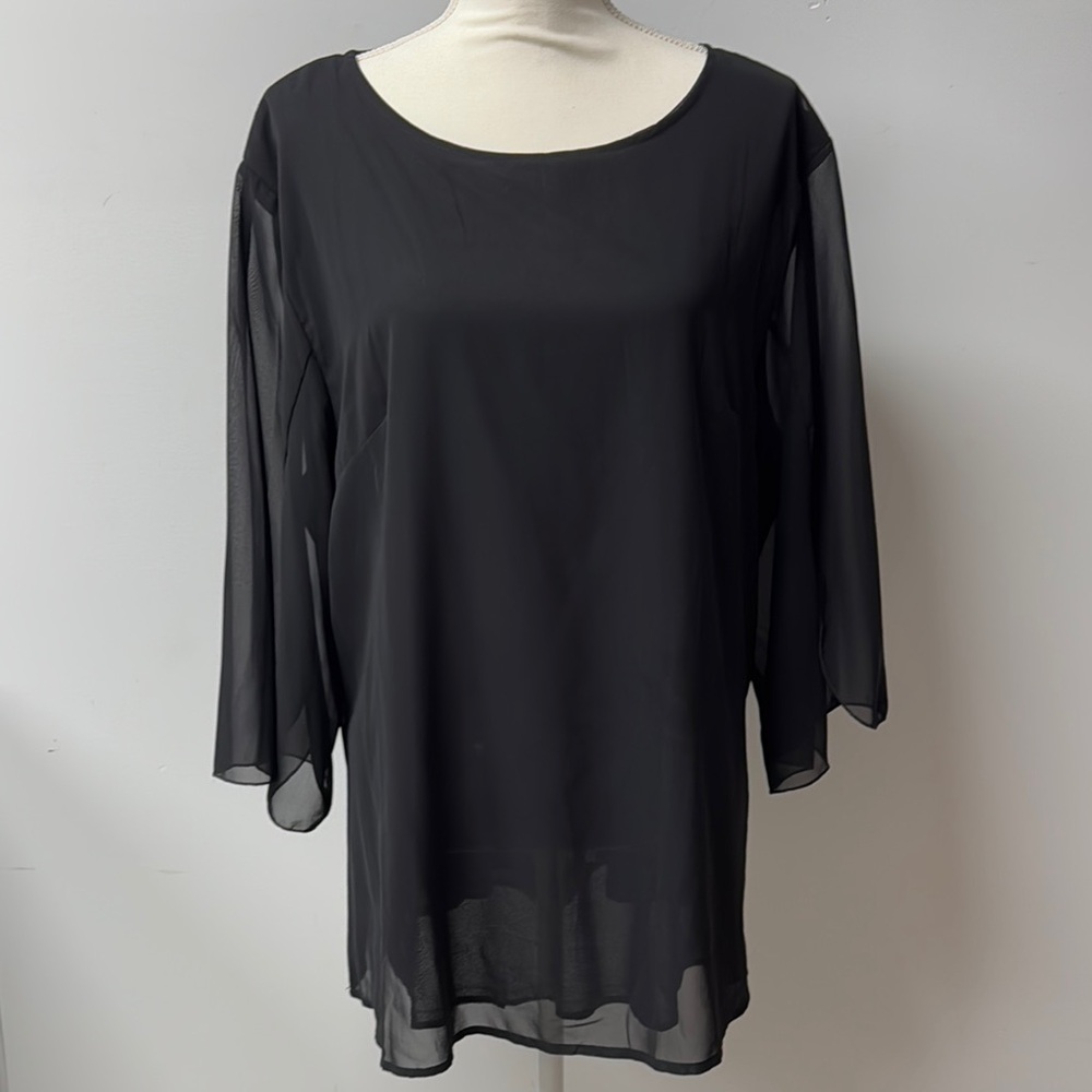 Chic Black Sheer Lined Blouse 3/4 sheer sleeves Plus Size XXL Career Party
